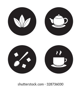 Tea items simple icons set. Green tea leaves and steaming teacup white silhouettes illustrations on black circles. Spoon with sugar cubes and classic teapot round symbols. Vector infographics elements