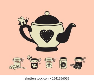 Tea and jam icons set. Vector image