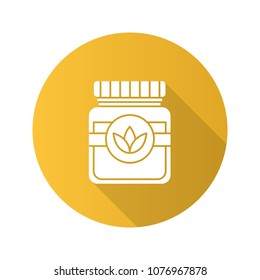 Tea jar flat design long shadow glyph icon. Glass container with lid. Vector silhouette illustration