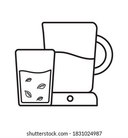 tea jar and glass with leaves line style icon design, Time drink breakfast and beverage theme Vector illustration