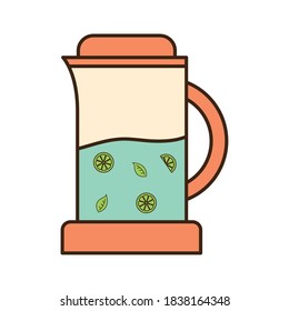 Tea jar with leaves and lemons line and fill style icon design, Time drink breakfast and beverage theme Vector illustration