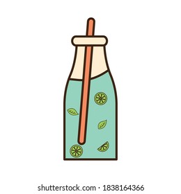 Tea jar with straw leaves and lemons line and fill style icon design, Time drink breakfast and beverage theme Vector illustration