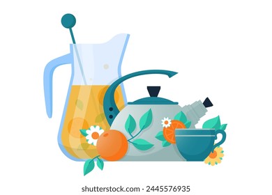 Tea and Juice Still Life, vector illustration. Citrus-infused tea, fresh juice.