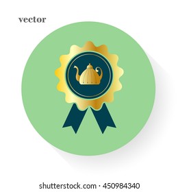 tea kettle and  badge with ribbons, vector, icon.