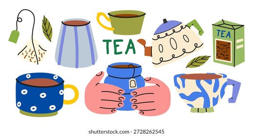 colección de С y tetera en estilo retro de dibujos animados. Modernas tazas de cerámica groovy, bolsita de té, embalaje de té, hojas. Ceremonia de té, vajilla de porcelana. Ilustraciones vectoriales planas