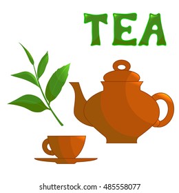 Tea kettle, Cup, branch with leaves, lettering, vector illustration