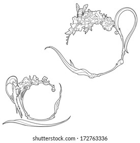 Tea kettle and cup with flowers, hummingbirds and bees. Inside the place for your text. Art Nouveau style. line drawing