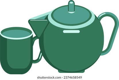 Tea kettle and cup home interior equipment vector flat illustration