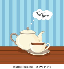 Tea kettle with tea cup in a plate hot drink vector illustration