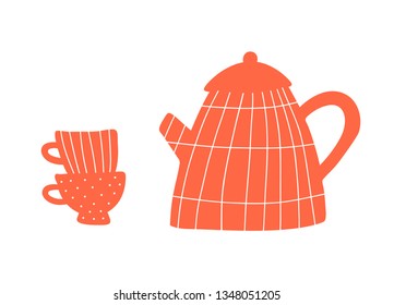 Tea kettle and cups hand drawing vector illustration. Tea set isolated on white background