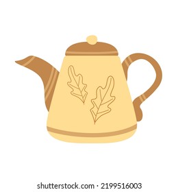 Tea kettle with decorative leaves. Cozy autumn mood. Colored flat vector illustration isolated on white background.