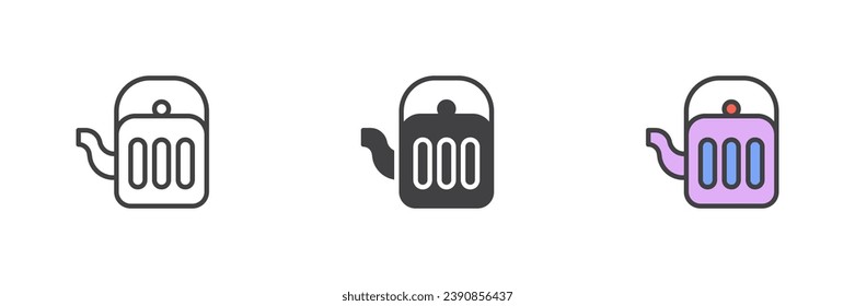Juego de iconos de estilos diferentes para el hervidor de té. Línea, glifo y contorno relleno versión colorida, contorno y signo vectorial relleno. Símbolo, ilustración del logotipo. Gráficos vectoriales