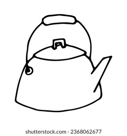 Tea Kettle in Doodle style, Old Metal Teapot contour drawn editable icon for Kitchen Utensil or Camping Equipment