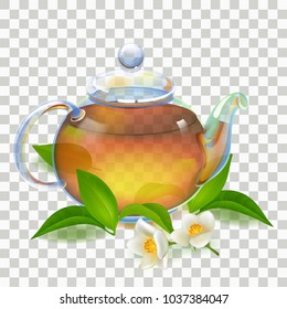 Tea. Kettle. Glass transparent Teapot with hot fresh tea. Green Young Tea Leaves and Jasmine Flowers