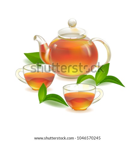 Tea. Kettle. Glass transparent Teapot and tea glass cups with hot fresh tea. Green Young Tea Leaves 