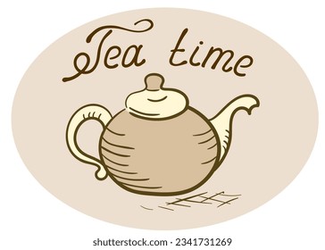 Calentador de té y titular con dibujo a mano y escritura a mano de estilo. Tetera de bebida caliente esbozada en estilo retro. Diseño plano.