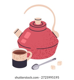 Tea kettle for hot tea beverage. Hand drawn kettle and tea cup, retro style kitchenware flat vector illustration. Vintage kitchen tableware on white