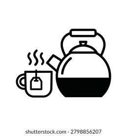 Tea kettle and hot mug with tea bag icon beverage infusion breakfast