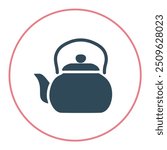 Tea kettle icon in circle. Simple blue tea kettle icon inside a pink circle, representing hot beverage preparation. Perfect for culinary, kitchen, and home decor designs.