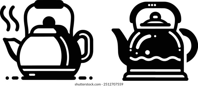Teekessel-Icon-Set mit gefüllter und umrissener Version