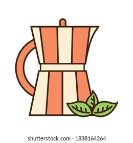 Calentador de té con línea de hojas y diseño de iconos de relleno, Desayuno de bebida y bebida Tema de bebidas Ilustración vectorial