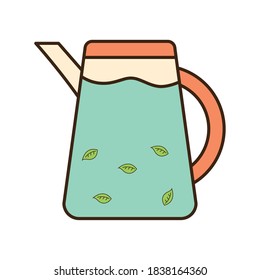 Tea kettle with leaves line and fill style icon design, Time drink breakfast and beverage theme Vector illustration
