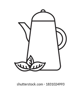 Calentador de té con hojas de estilo línea diseño de iconos, desayuno de bebida y bebida tema Vector ilustración
