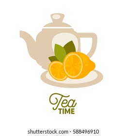 Calentador de té con limones en platillo aislado en blanco. Ilustración vectorial en diseño plano de bebidas no alcohólicas en tetera de cerámica blanca. Logotipo de plantilla de tiempo de té en un diseño realista de estilo plano