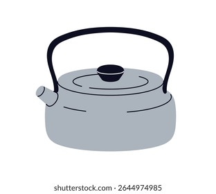 Tea kettle, metal steel teapot with handle. Retro old style teakettle, kitchenware for camping, hiking drink. Kitchen appliance. Flat graphic vector illustration isolated on white background