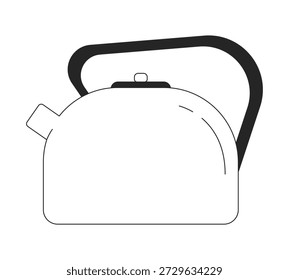 Teekessel mit modernem schwarzem Griff 2D-Linie Objekt. Küchengerät. Kochkessel. Heimgerät. Kochendes Wasser Teekessel isolierte Clipart Vektor Tinte Umriss Element. Schwarzweißdarstellung
