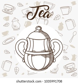 Tea kettle with utensils on background