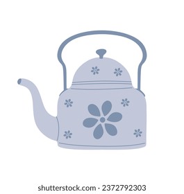 Tea kettle vector. Metal steel teakettle with flowers in flat style isolated on white background. Teapot with handle, kitchen appliance for boiling water. Tea party, hot beverage. Vector illustration
