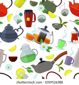 Tea kettles and cups. Vector seamless pattern tea cup and kettle, teapot and mug illustration