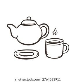 Tea kitchen doodle set with teapot cup and plate hand drawn