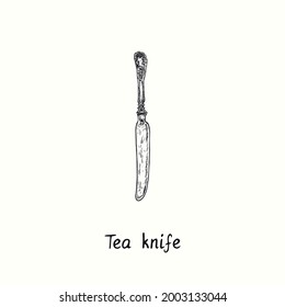 Tea knife with retro style decor. Ink black and white drawing  woodcut vintage style  illustration