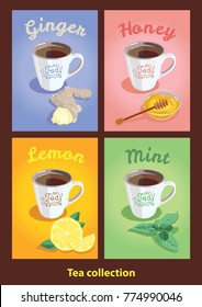 Tea label collection . Vector set of images of cups of tea with ginger, honey, lemon and mint. Tea logo.