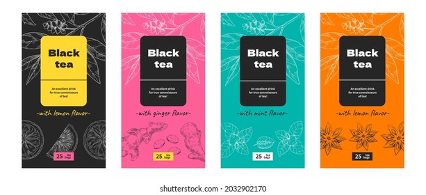 Tea label design. Black and green teabags with various tastes. Mint or ginger, citrus and anise drink flavors. Packaging template. Plant sketches and lettering. Vector products boxes set
