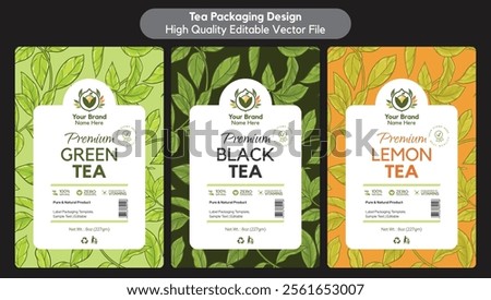Tea label design, green tea black tea lemon and herbal tea packaging stand up pouch packaging design editable vector template file