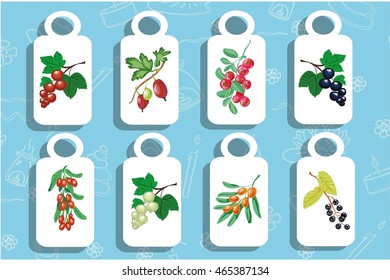 Tea labels with berries on blue seamless pattern