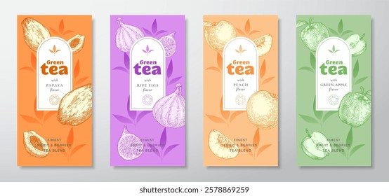 Tea Labels Vector Set. Fruit and Berries Tea Packaging Design Layouts Bundle. Modern Typography, Hand Drawn Tea Leaves, Papaya, Figs, Peach and Apples Silhouettes Beverage Backgrounds Isolated