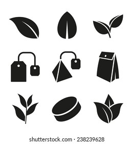 Tea Leaf and Bags Icons Set on White Background. Vector