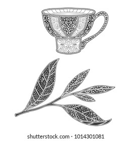 Tea leaf and tea cup. Doodle vector illustration.