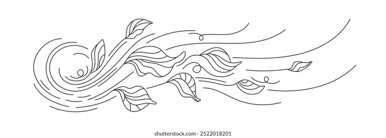 Tea leaf. Doodle air wind and flying leaves in blow. Autumn windy weather with spiral twirls. Minimalistic hand drawn monochrome background. Cool breeze for nature design. Editable stroke