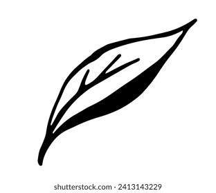 Tea leaf icon, black ink outline style, vector illustration isolated on white background