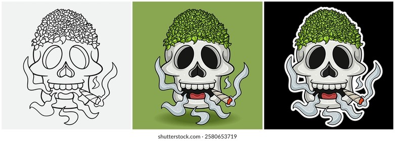 Tea Leaf Inside Skull Head With Smoking Character Cartoon. Black White, Colorful and Sticker Style. For T shirt print, Brand Logo, Label and Mascot product. Vectors Illustrations