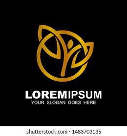 Tea leaf logo with a golden color combination, leaf and line logo, circle icon