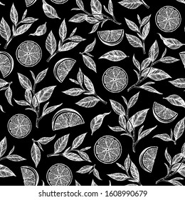 Tea leaf seamless pattern. Hand drawn vector illustration. Citrus tea background, leaf and lemon slice. Design for vintage packaging. Engraved style.