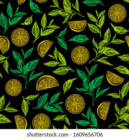 Tea leaf seamless pattern. Hand drawn vector illustration. Citrus tea background, leaf and lemon slice. Design for vintage packaging. Engraved style.