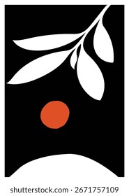 Silueta de hoja de té y sol en un fondo floral mínimo para carteles, tarjetas o marca. Perfecto para el embalaje, la decoración o las obras de arte imprimibles con un audaz diseño en negro, blanco y naranja.