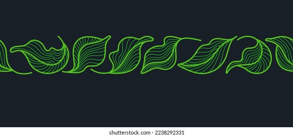 Tea leaves, art border. Graphic line seamless print, green foliage on black background. Artdeco nature pattern